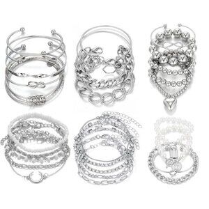 6 PACK (24 PCS) Boho Silver Chain Bracelets Set for Women, Bangles, Stackables